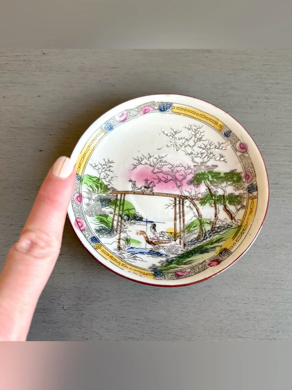 VTG 6 Hand-Painted Japanese Porcelain Saucers Plates Landscape Cherry Blossom